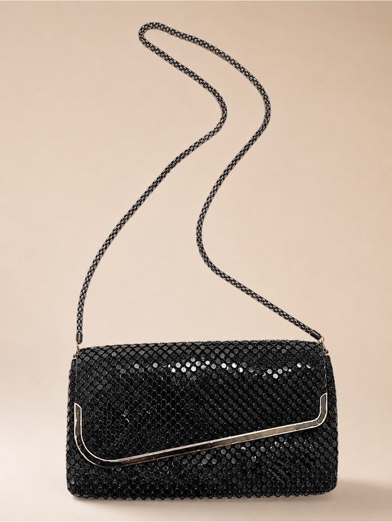 Vintage Handbags - VTG Black Metal Sequin Mesh Clutch w Metallic Flap Trim & Removable Mesh Strap